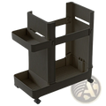 Dark gray plastic two-tiered rolling gym equipment storage cart with ribbed sides and bottom tray with wheels