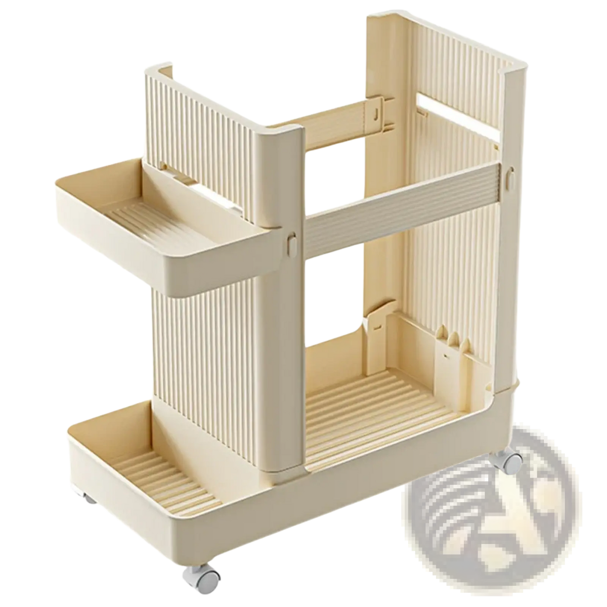 Beige two-tiered plastic rolling gym equipment storage cart with ribbed shelves and wheels for easy mobility