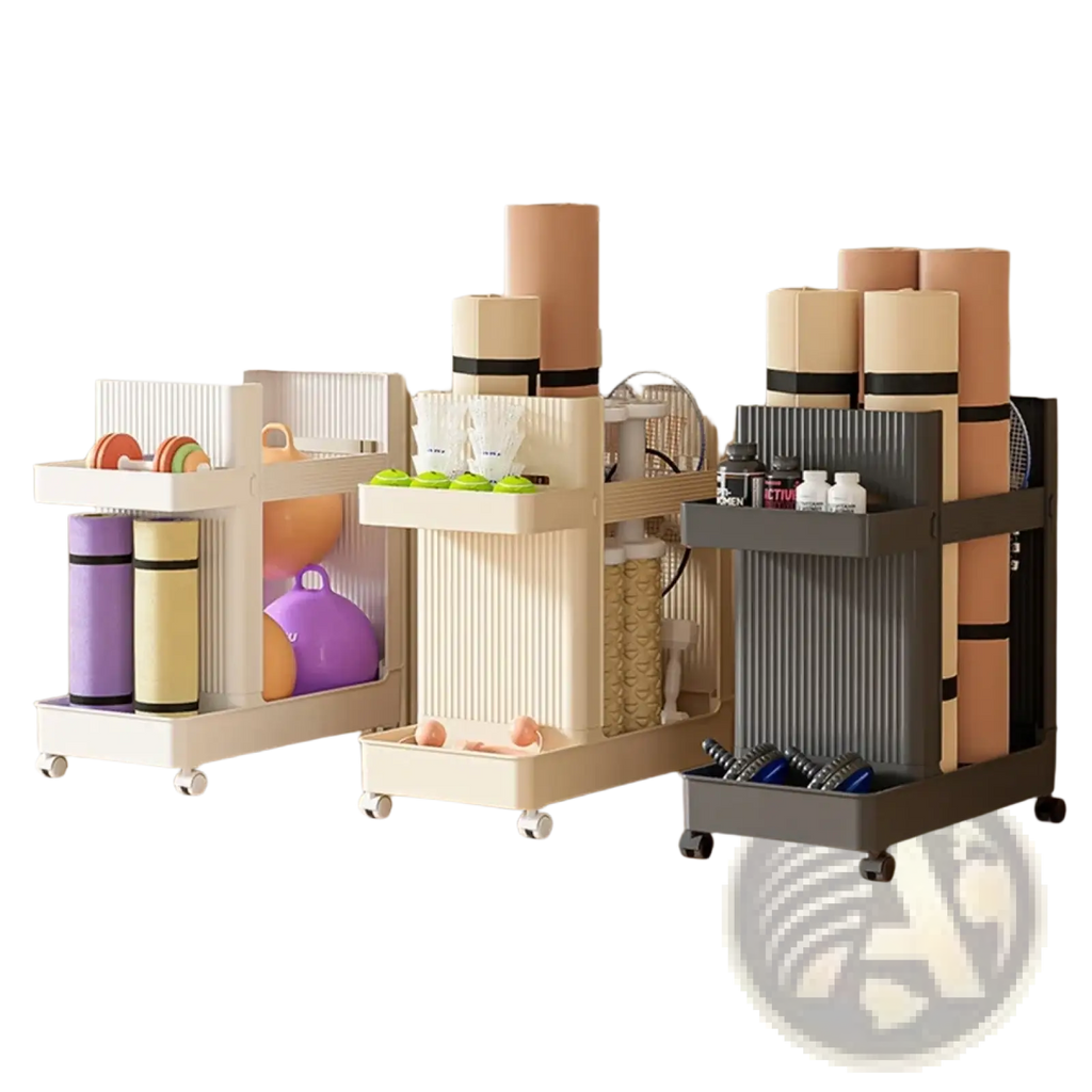 Three modern beige and gray multi-tiered rolling gym equipment storage carts with vertical ribbed sides and wheels