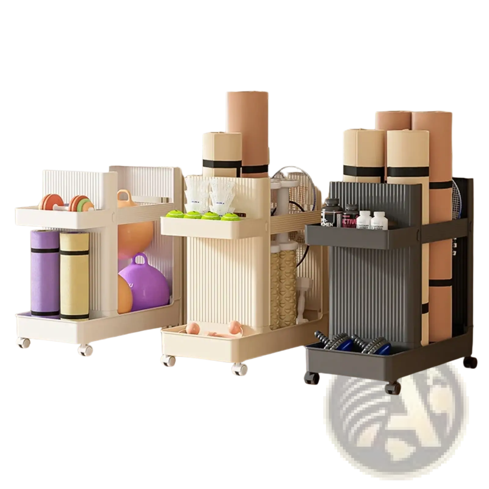 Three modern beige and gray multi-tiered rolling gym equipment storage carts with vertical ribbed sides and wheels