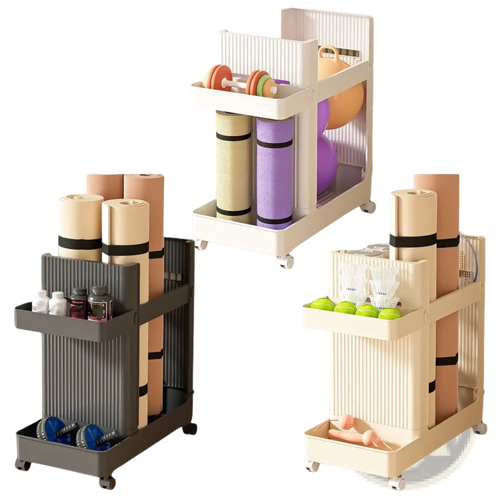 Three-tiered rolling gym equipment storage cart with wheels in gray beige and white plastic with ribbed sides