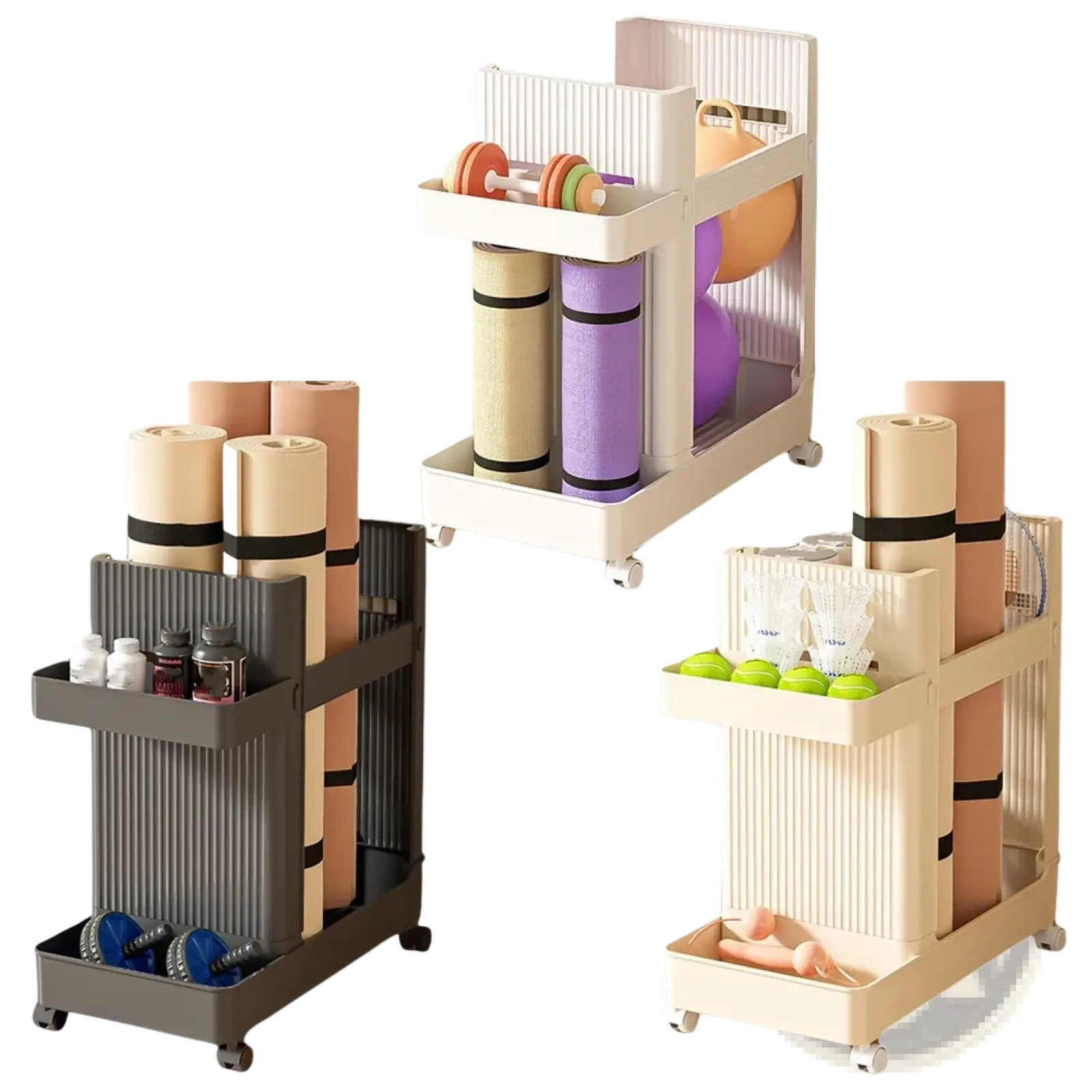 Three-tiered rolling gym equipment storage cart with wheels in gray beige and white plastic with ribbed sides