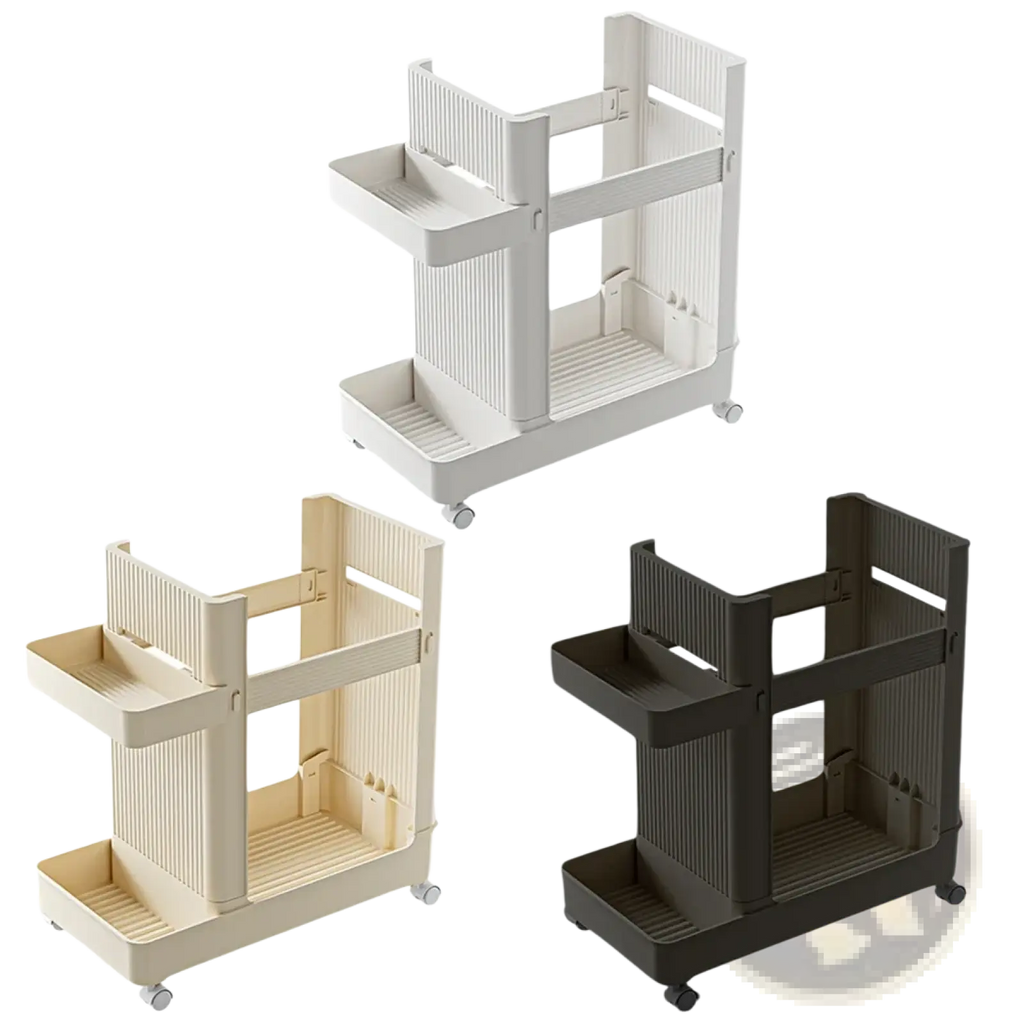 Three-tiered rolling gym equipment storage cart with wheels in white beige and dark gray ribbed plastic trays