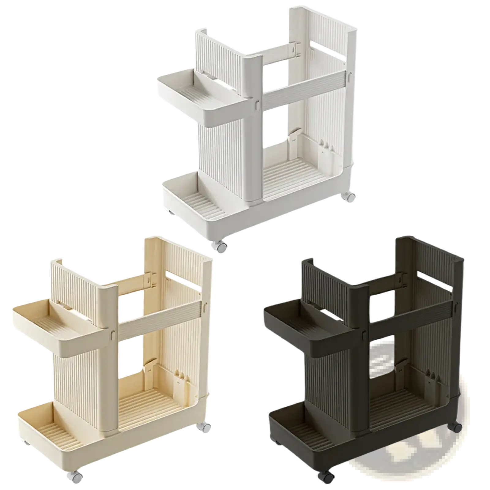 Three-tiered rolling gym equipment storage cart with wheels in white beige and dark gray ribbed plastic trays