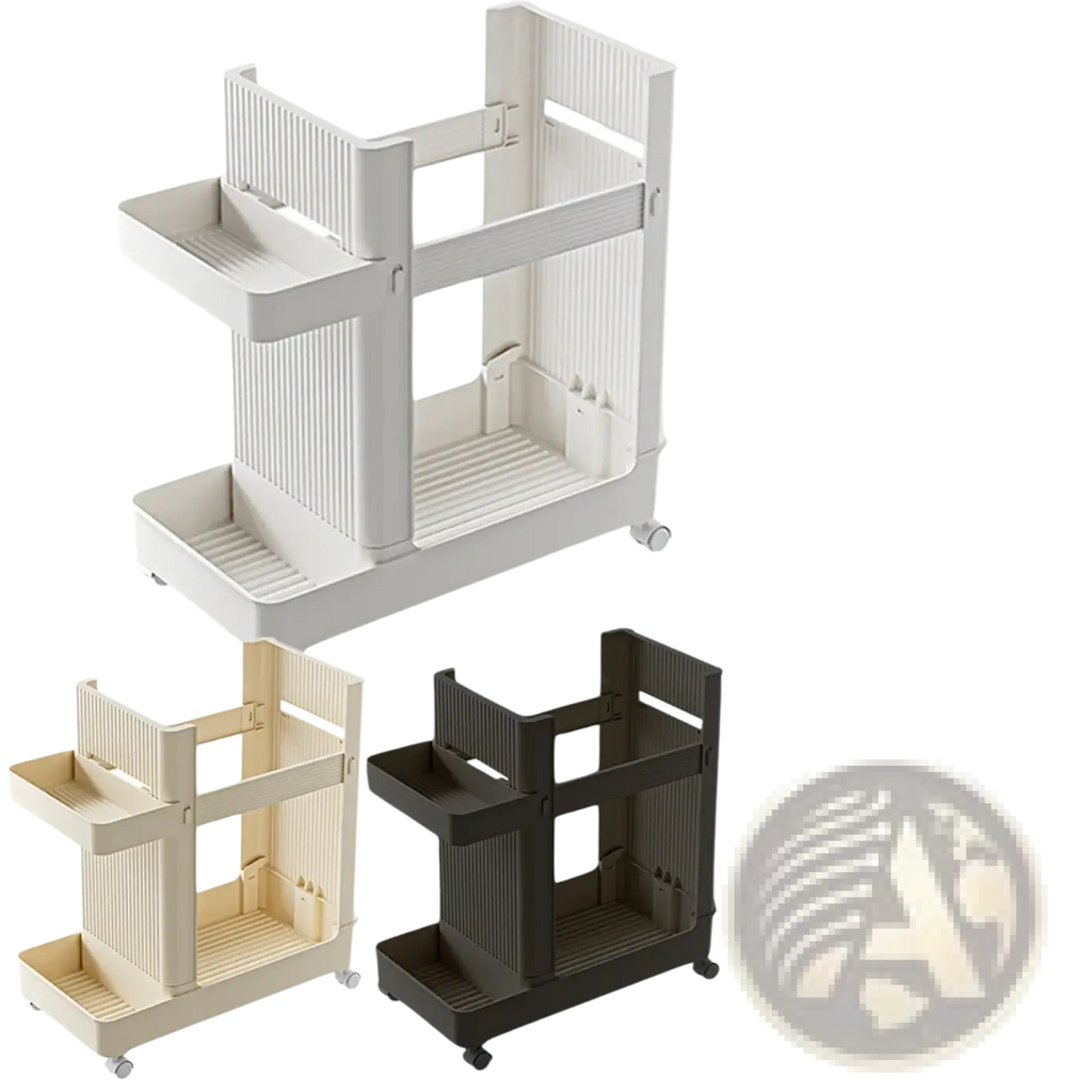 Two-tiered rolling gym equipment storage cart with wheels in white beige or black ribbed plastic design
