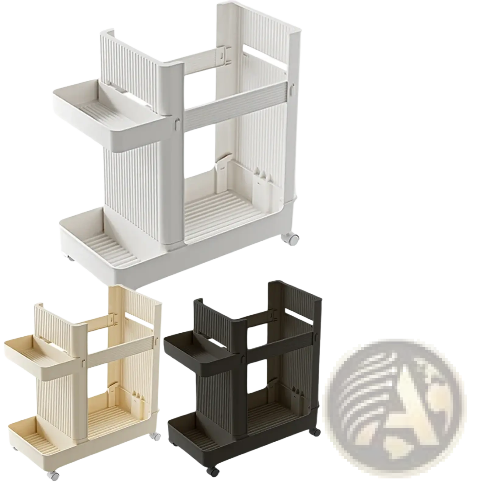 Two-tiered rolling gym equipment storage cart with wheels in white beige or black ribbed plastic design