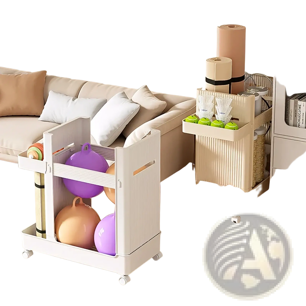 Beige plastic two-tier rolling gym equipment storage cart with vertical slats and white caster wheels