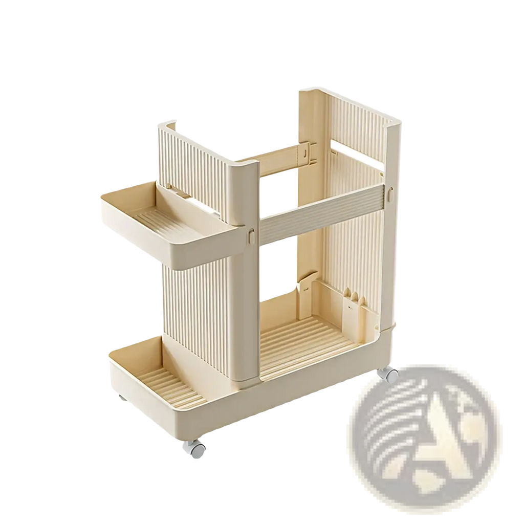 Beige two-tiered plastic rolling gym equipment storage cart with ribbed shelves and wheels for yoga mat holding