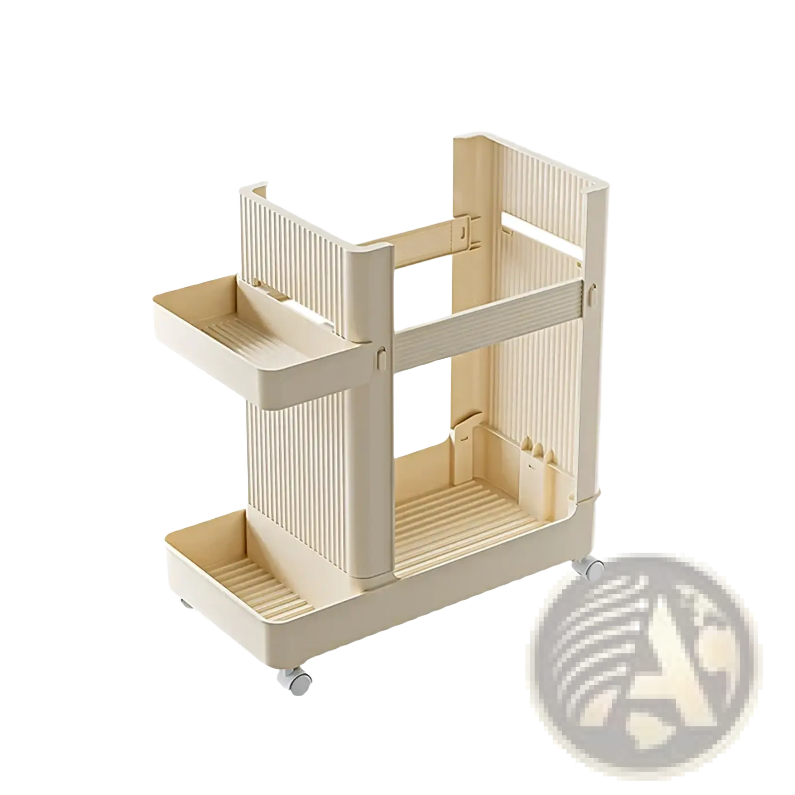 Beige two-tiered plastic rolling gym equipment storage cart with ribbed shelves and wheels for yoga mat holding