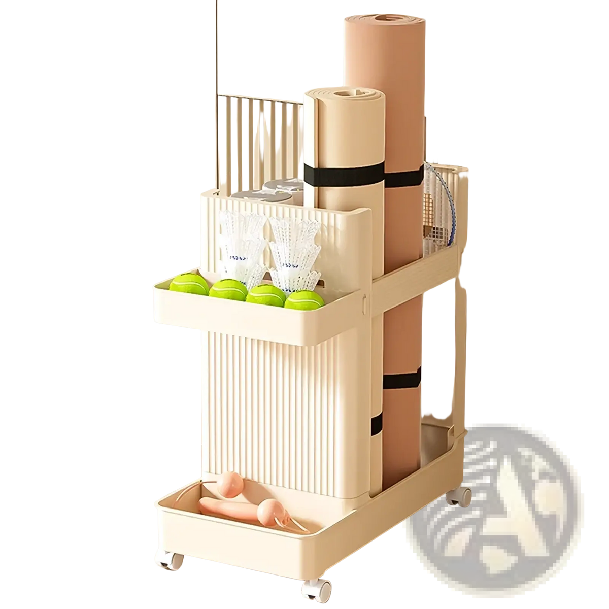 Beige two-tiered rolling gym equipment storage cart with vertical ribbed sides white wheels and black straps holding yoga mats