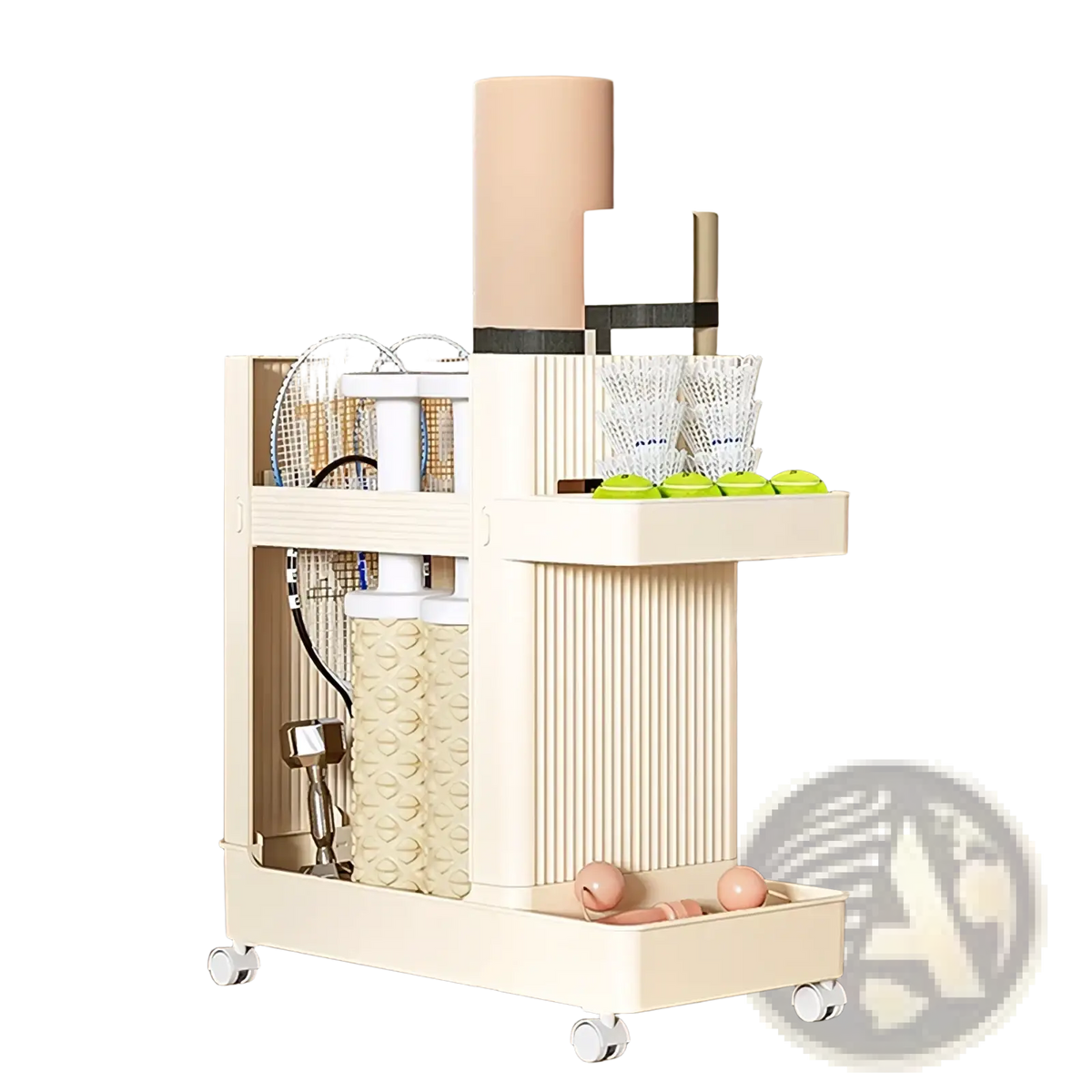 Cream-colored plastic rolling gym equipment storage cart with vertical ribbed panels and four white caster wheels