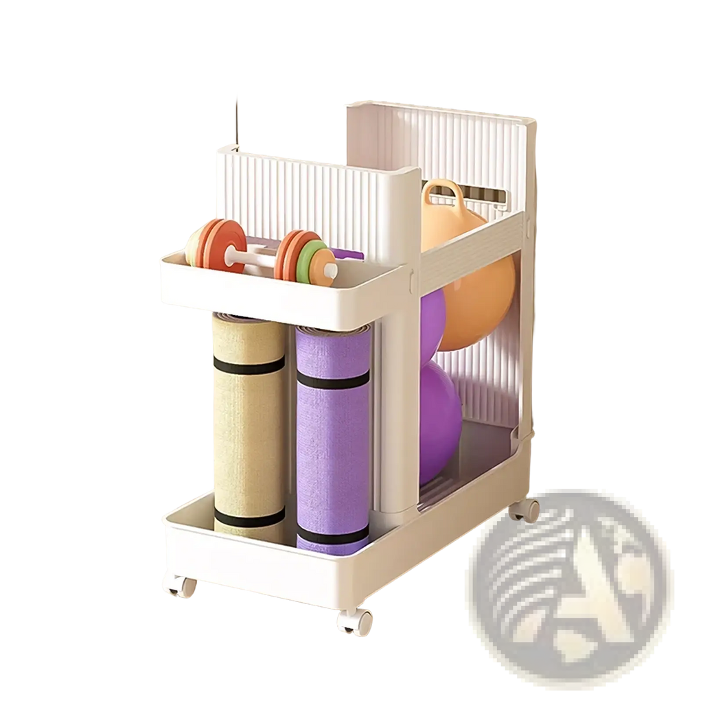 White plastic two-tier rolling gym equipment storage cart with wheels and vertical slatted compartments for yoga mats
