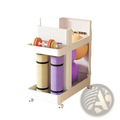 White plastic two-tier rolling gym equipment storage cart with wheels and vertical slatted compartments for yoga mats