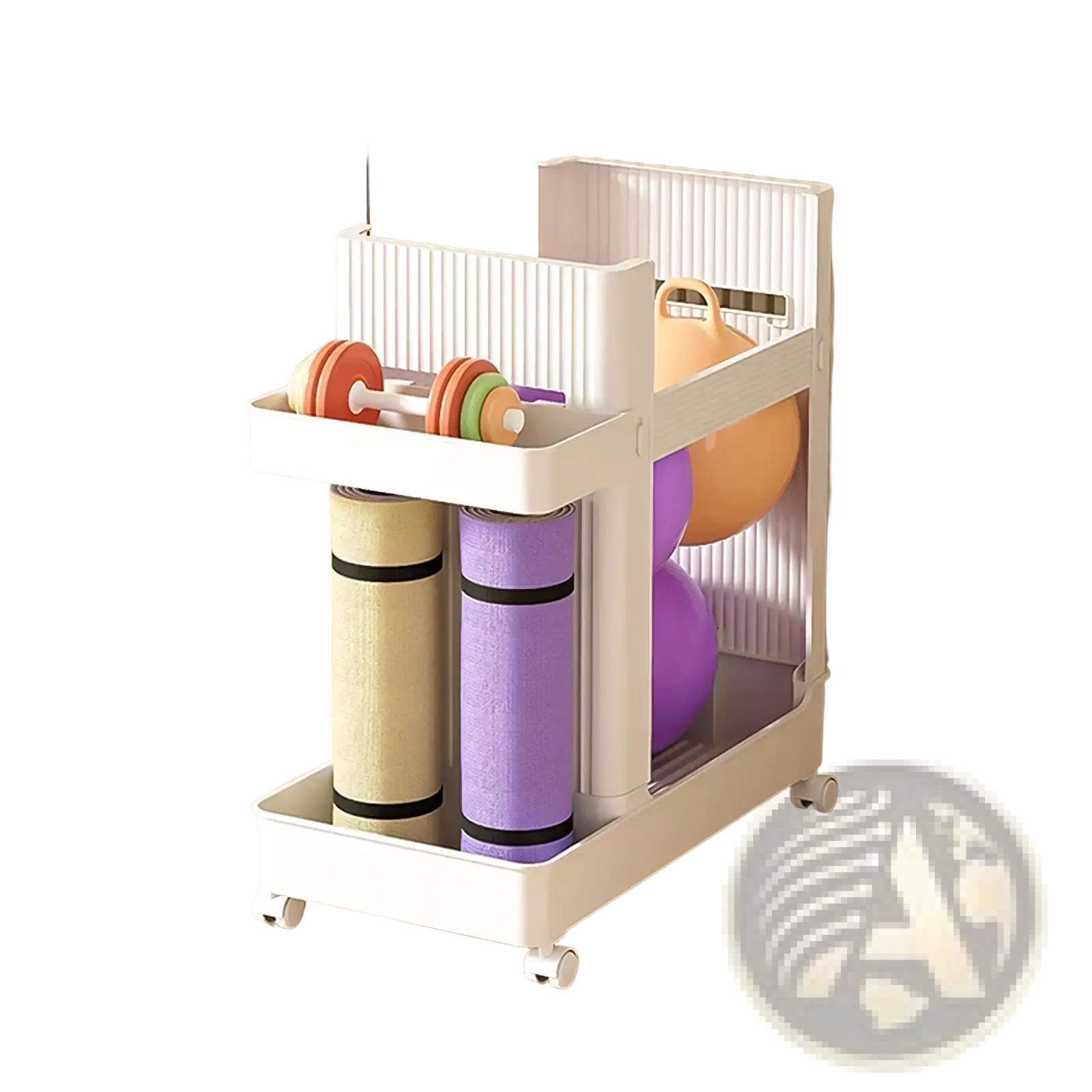White plastic two-tier rolling gym equipment storage cart with wheels and vertical slatted compartments for yoga mats