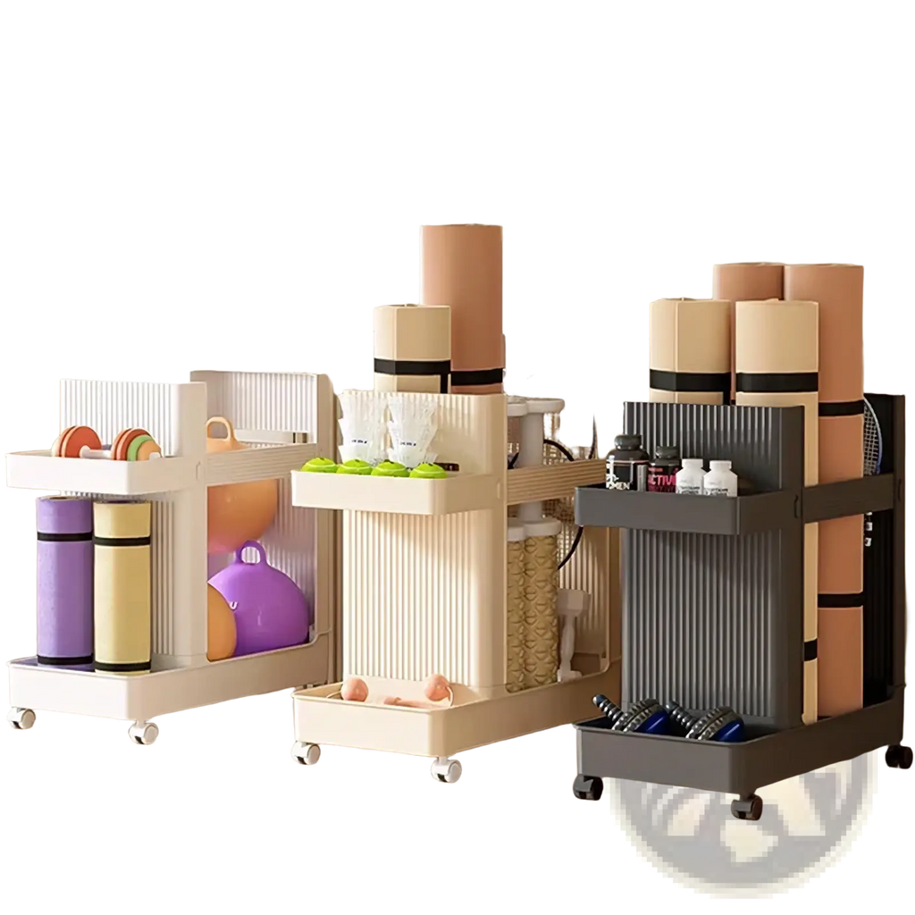 Three tiered rolling gym equipment storage carts with vertical ribbed beige cream and dark gray sides and white wheels