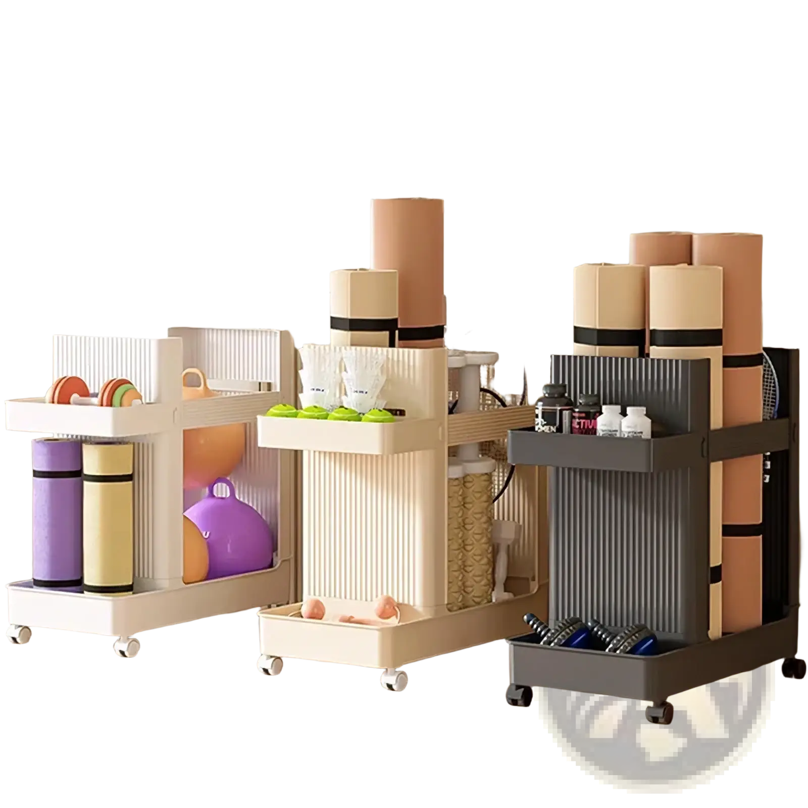 Three tiered rolling gym equipment storage carts with vertical ribbed beige cream and dark gray sides and white wheels