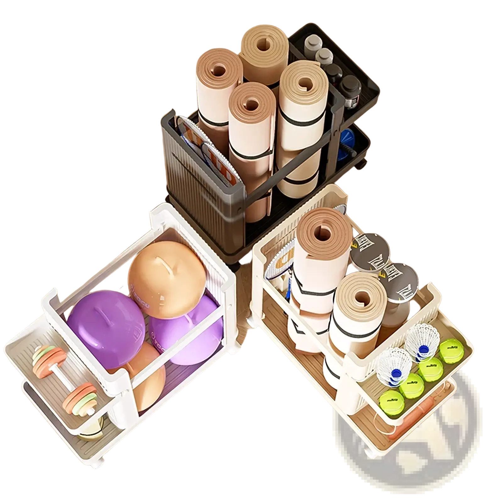Three tiered white and black plastic rolling gym equipment storage cart with wheels holds yoga mats and fitness gear
