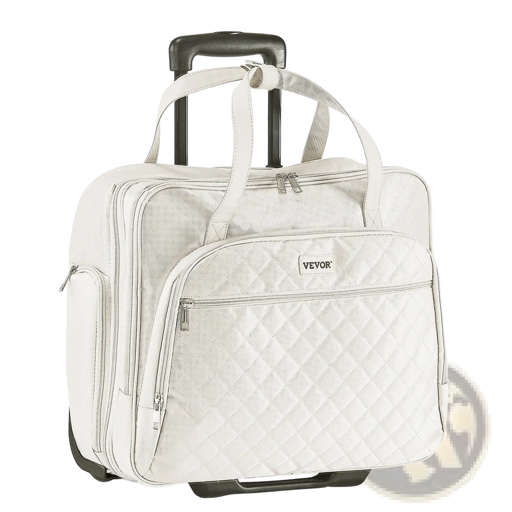 Rolling laptop bag 15.6 inch quilted cream briefcase with white veyor material black handles and wheels