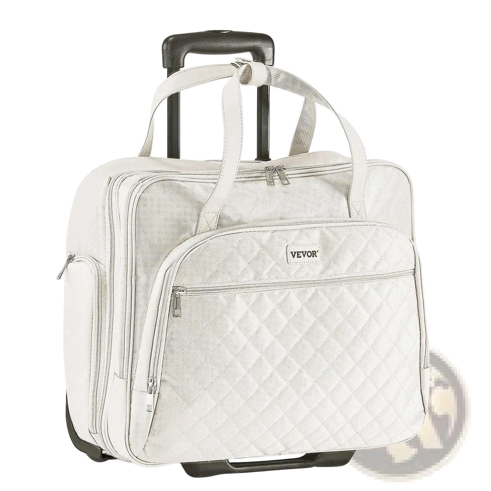 Rolling laptop bag 15.6 inch quilted cream briefcase with white veyor material black handles and wheels