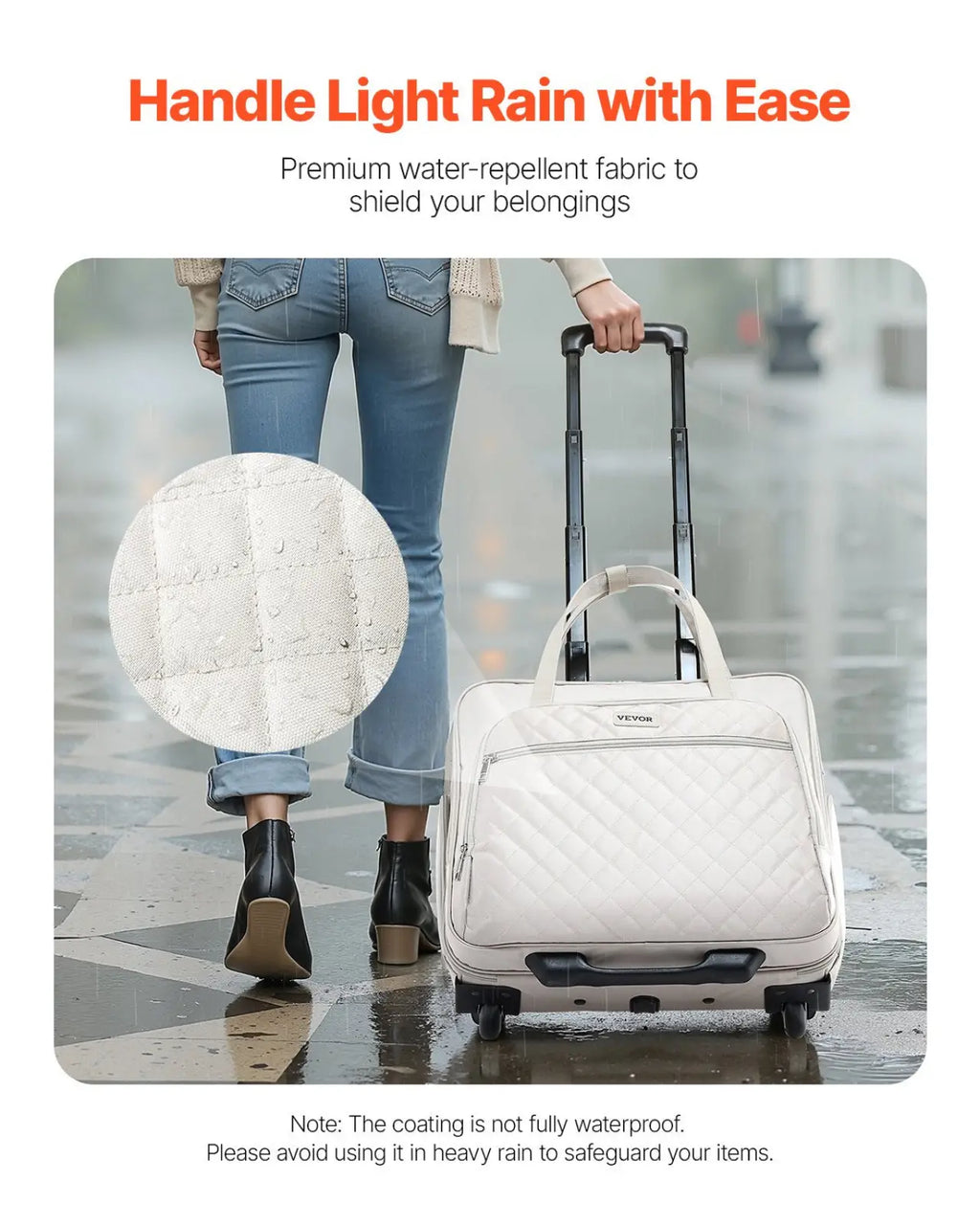 White quilted rolling laptop bag 15.6 inch briefcase with black wheels and handle cream color