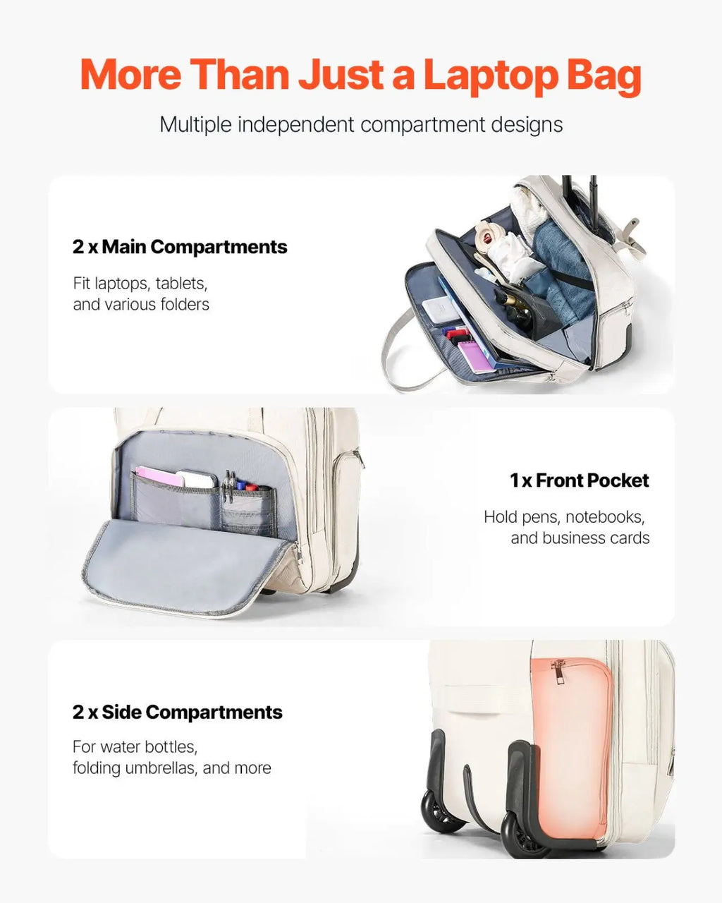 Cream-colored quilted briefcase rolling laptop bag with multiple compartments and black wheels for 15.6 inch laptops