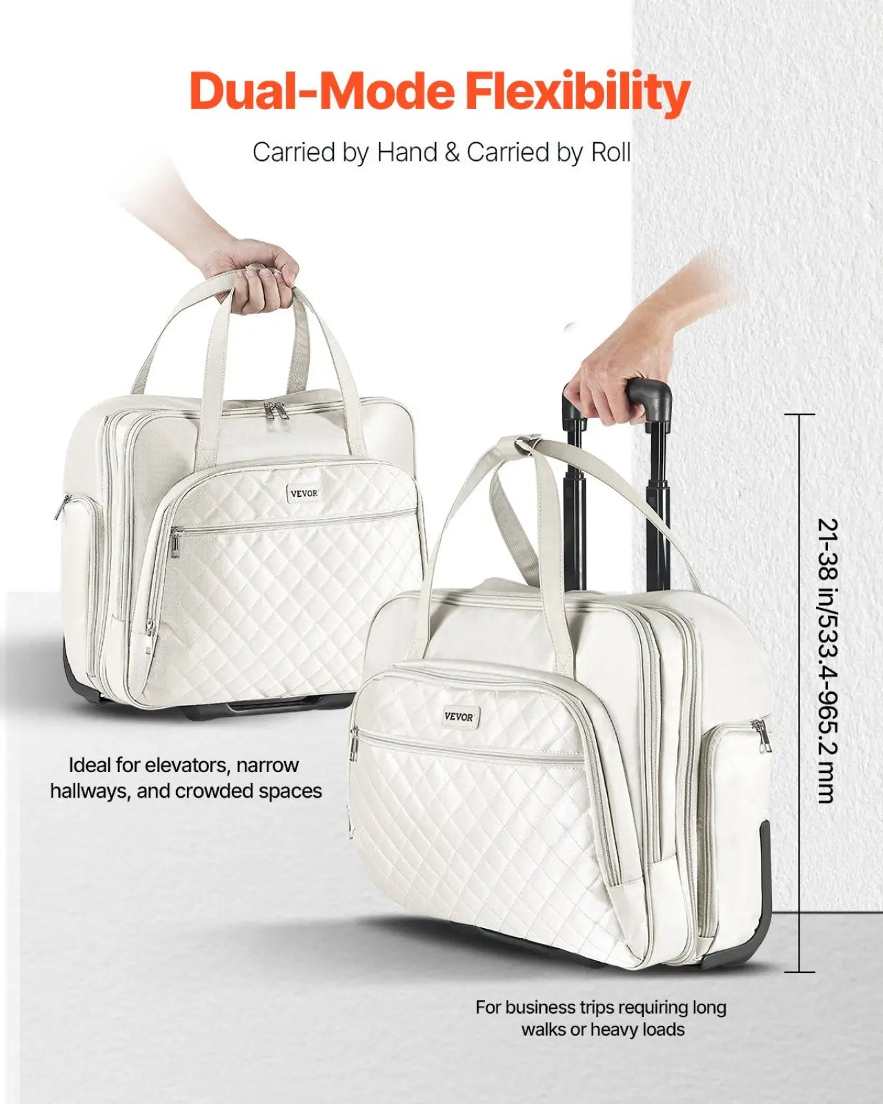Cream-colored quilted Vevor rolling laptop bag 15.6 inch briefcase with retractable handle and dual carry options