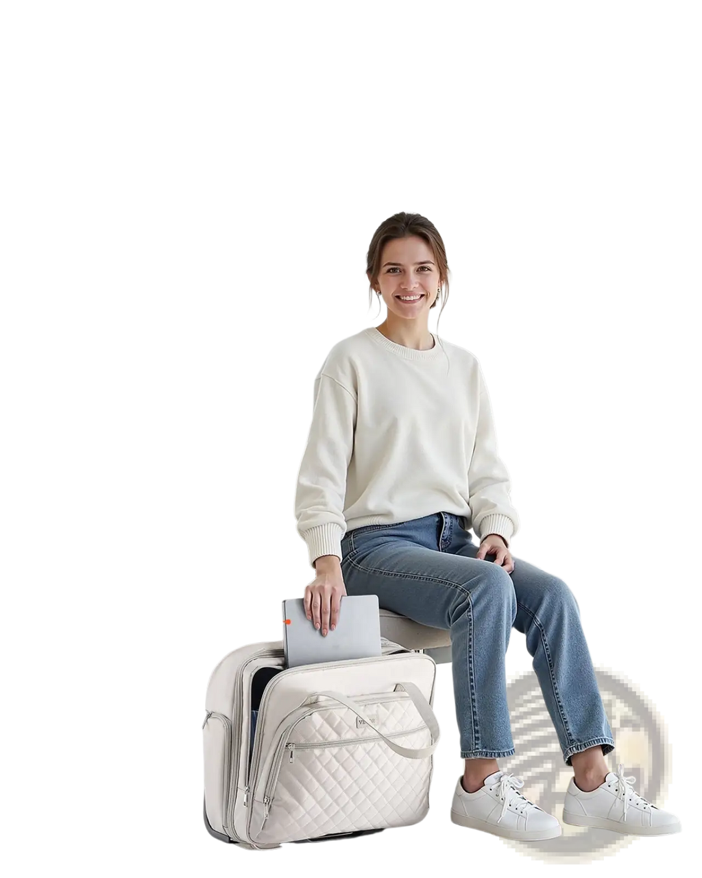 Cream-colored quilted 15.6 inch rolling laptop bag with briefcase design for easy mobility and professional use