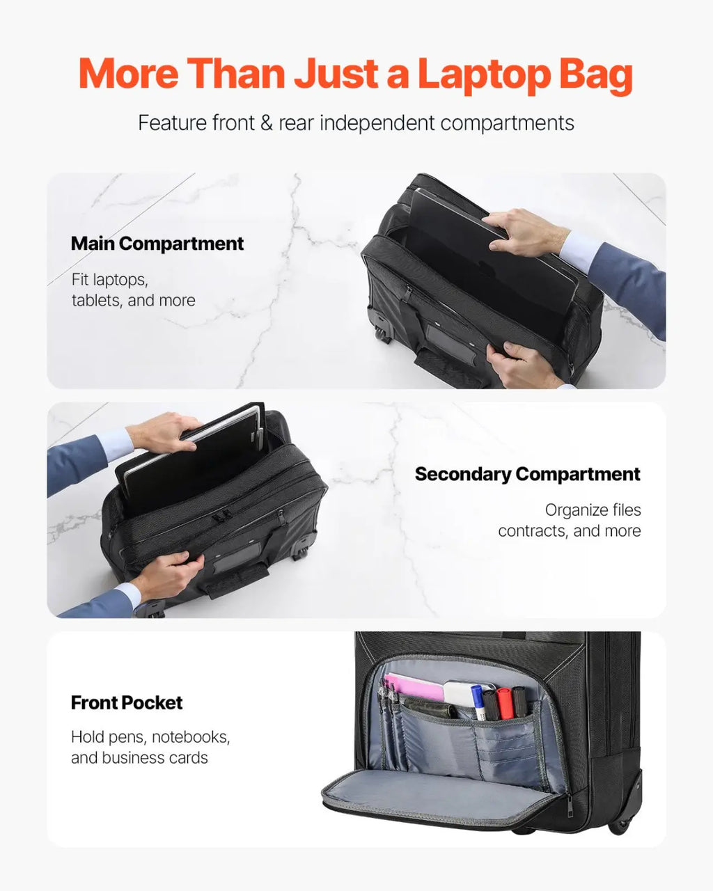 Black rolling laptop bag 15.6 inch wheeled briefcase with front and rear independent compartments