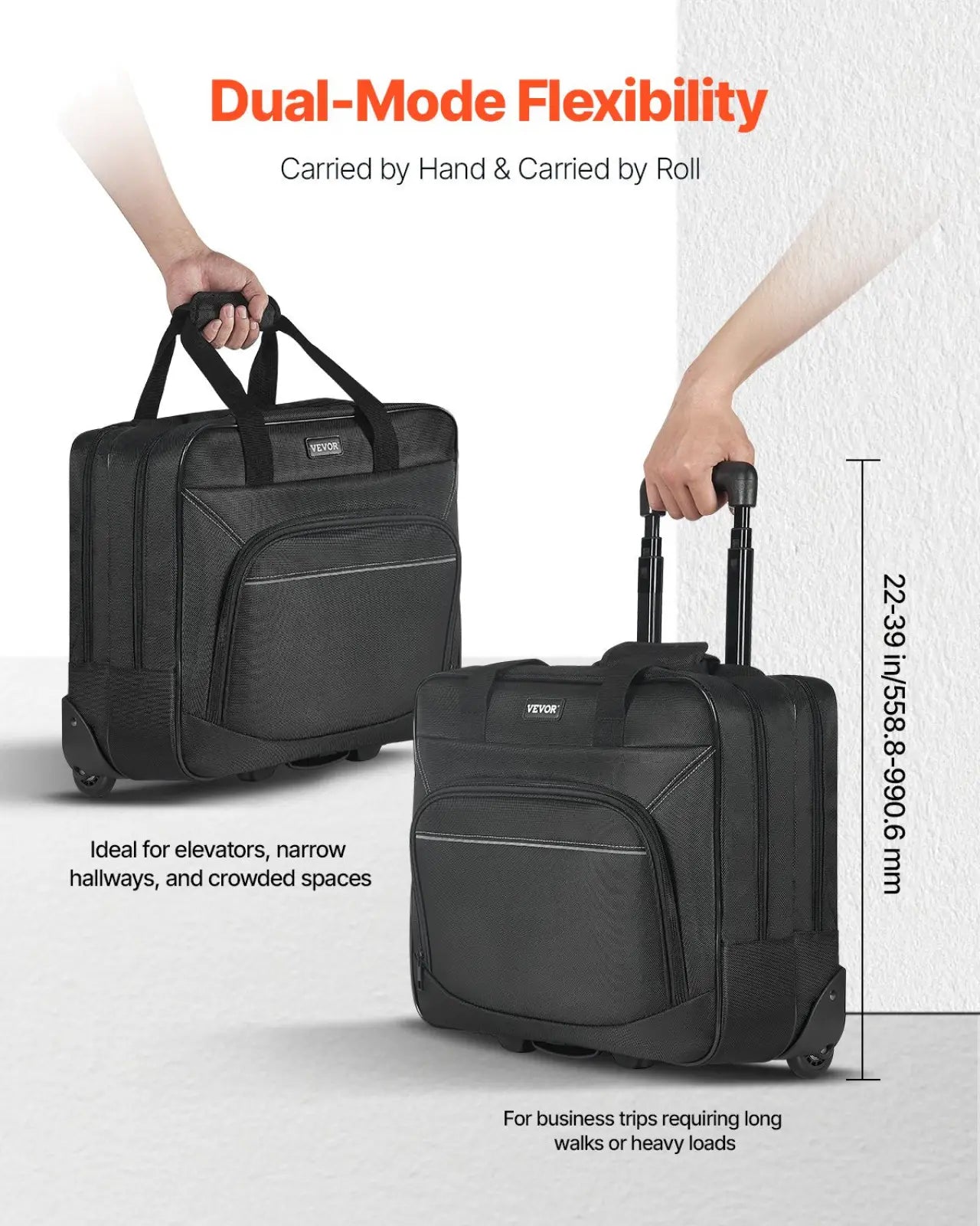 Black kevon dual-mode rolling laptop bag 15.6 inch with textured fabric and retractable handle for easy transport