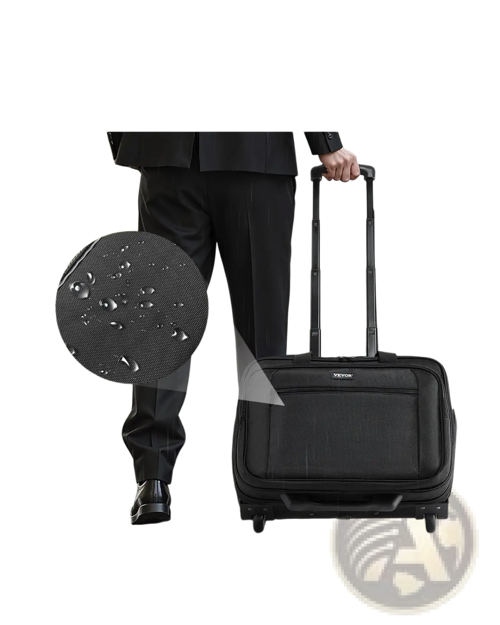 Black rolling laptop bag 15.6 inch wheeled briefcase with textured water-repellent fabric and retractable handle