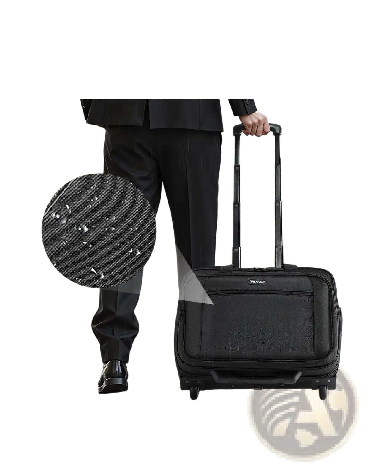 Black rolling laptop bag 15.6 inch wheeled briefcase with textured water-repellent fabric and retractable handle