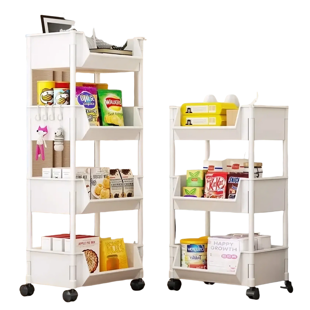 White rolling plastic storage cart with four shelves wheels and side hooks for versatile organization and mobility