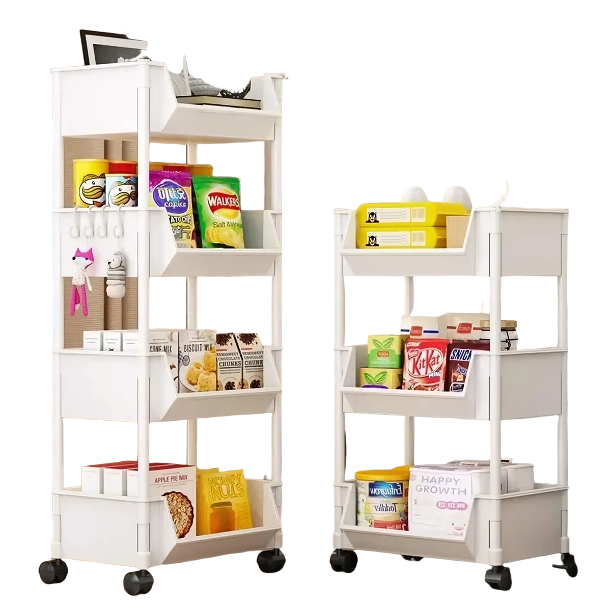 White rolling plastic storage cart with four shelves wheels and side hooks for versatile organization and mobility