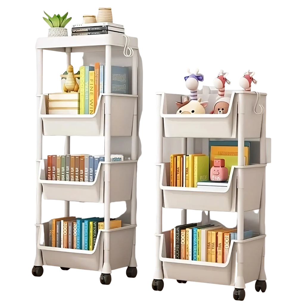 White plastic rolling plastic storage cart with wheels featuring multi-tiered open-front bins for organization