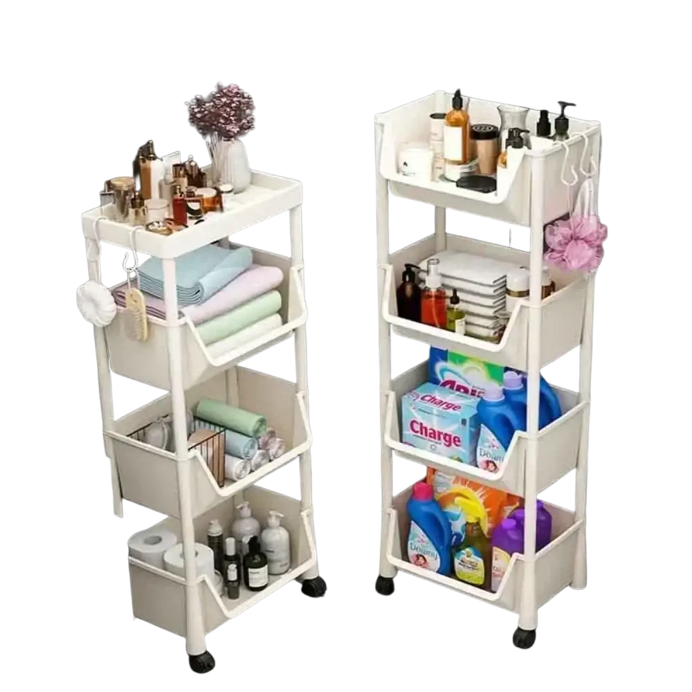 White plastic rolling storage cart with wheels multi-tiered design and integrated hooks for bathroom organization