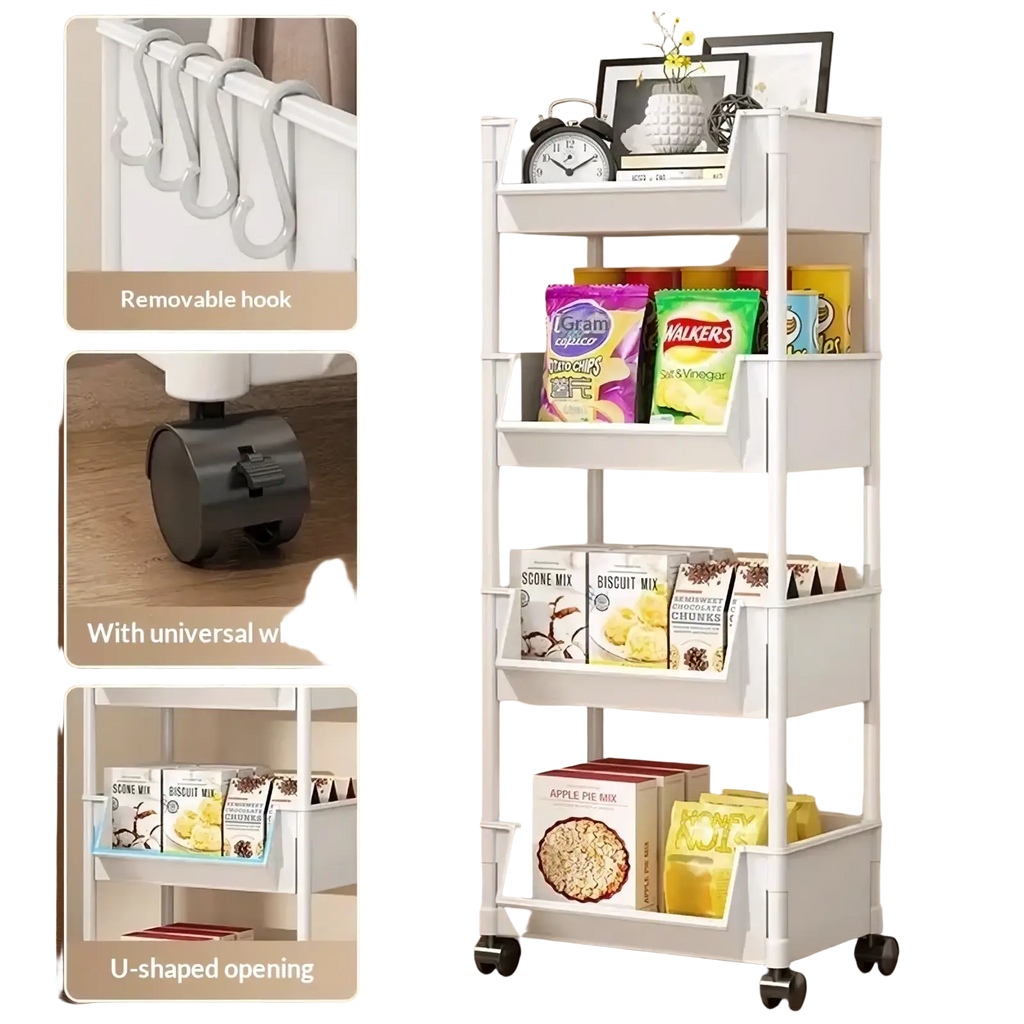 White multi-tiered rolling plastic storage cart with wheels removable hooks and universal wheels for versatile use