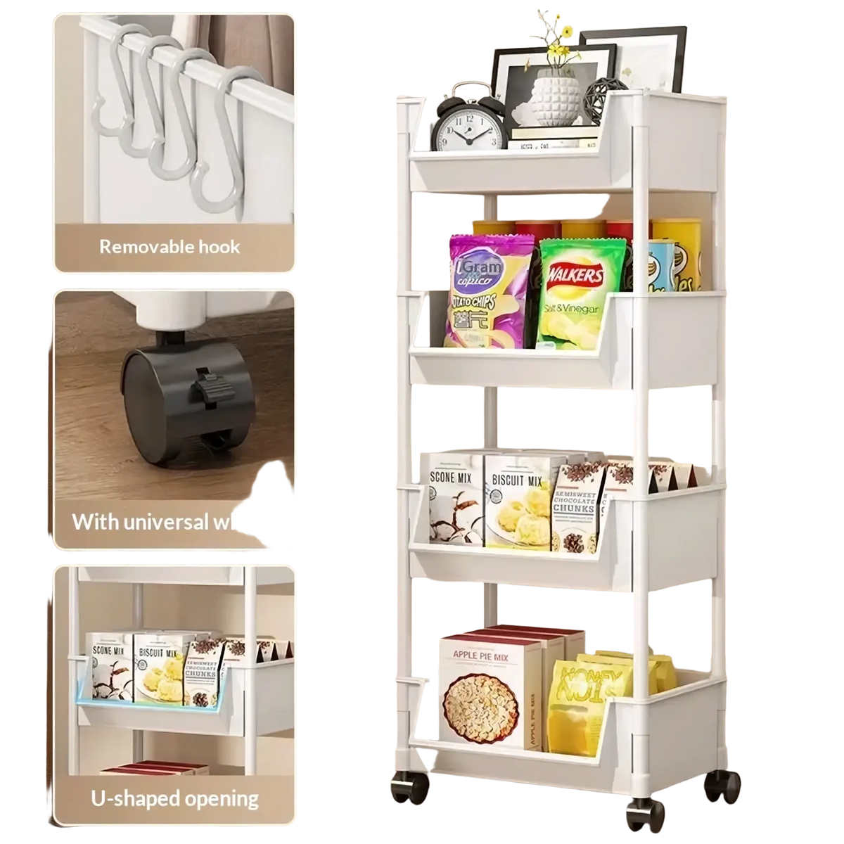White multi-tiered rolling plastic storage cart with wheels removable hooks and universal wheels for versatile use