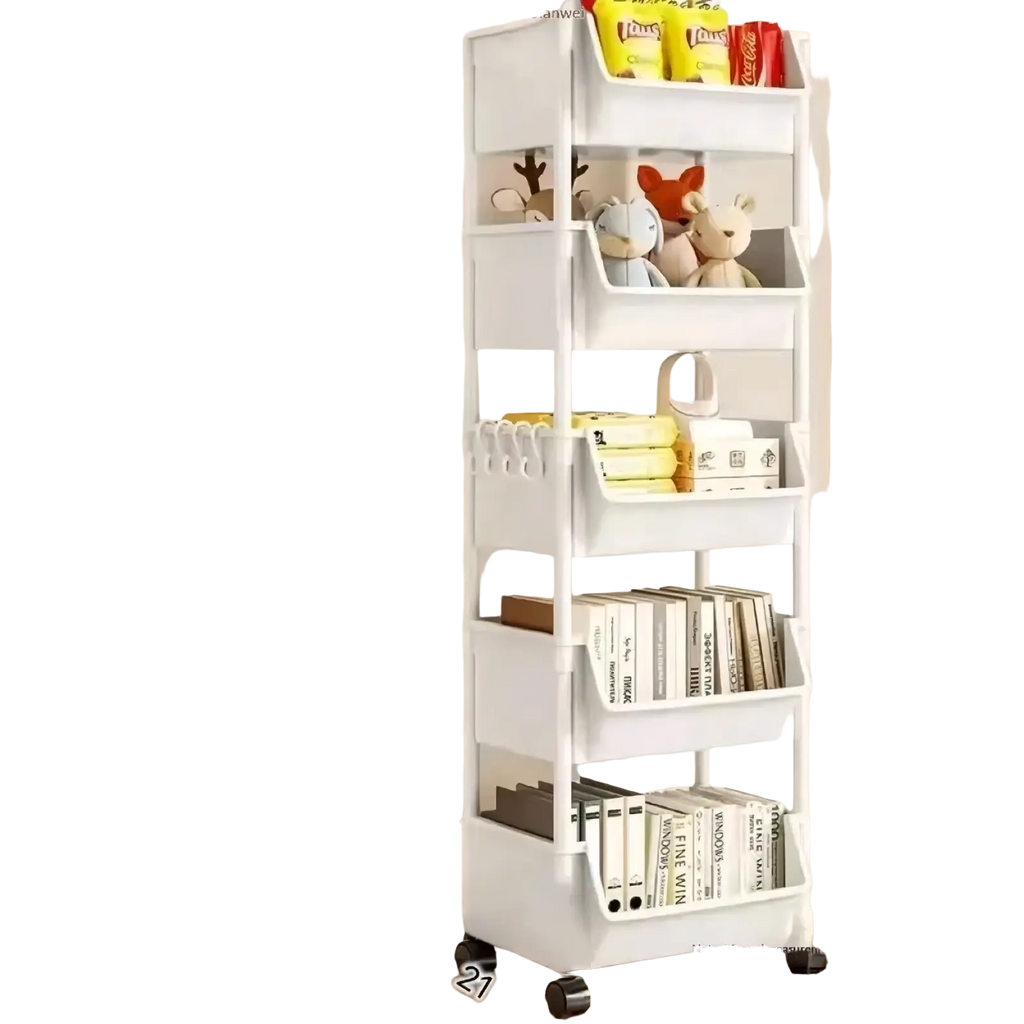 White plastic multi-tiered rolling storage cart with wheels and hooks for versatile organization and mobility