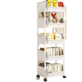 White plastic multi-tiered rolling storage cart with wheels and hooks for versatile organization and mobility