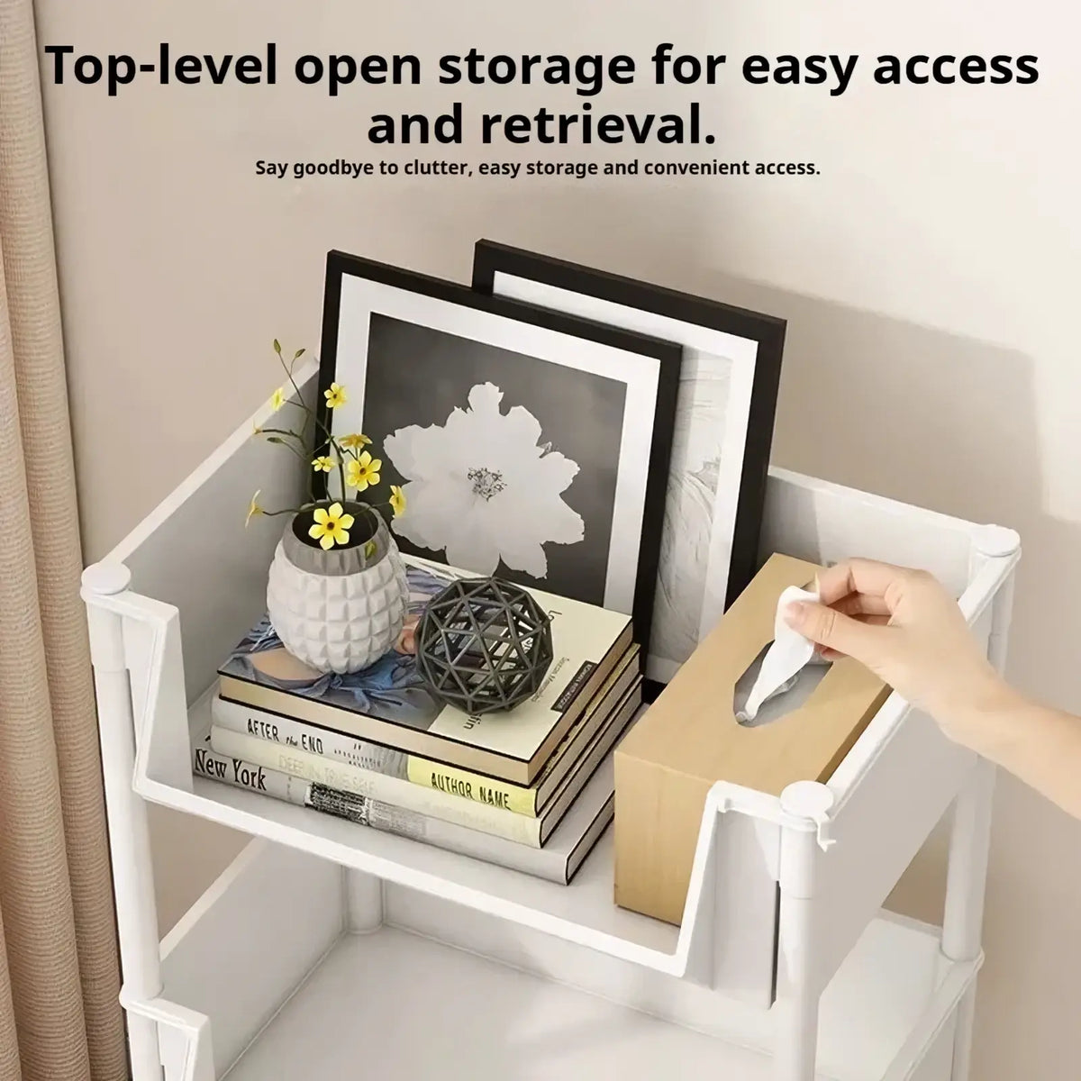 White plastic two-tier rolling storage cart with open shelves side compartments and wheels for easy mobility
