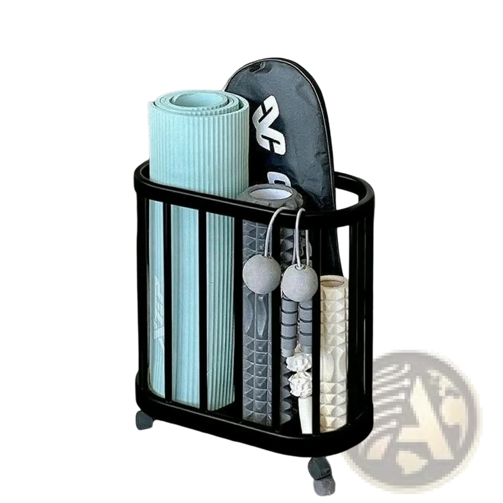 Black metal rolling sports equipment storage rack with vertical bars holding light blue yoga mat and foam roller