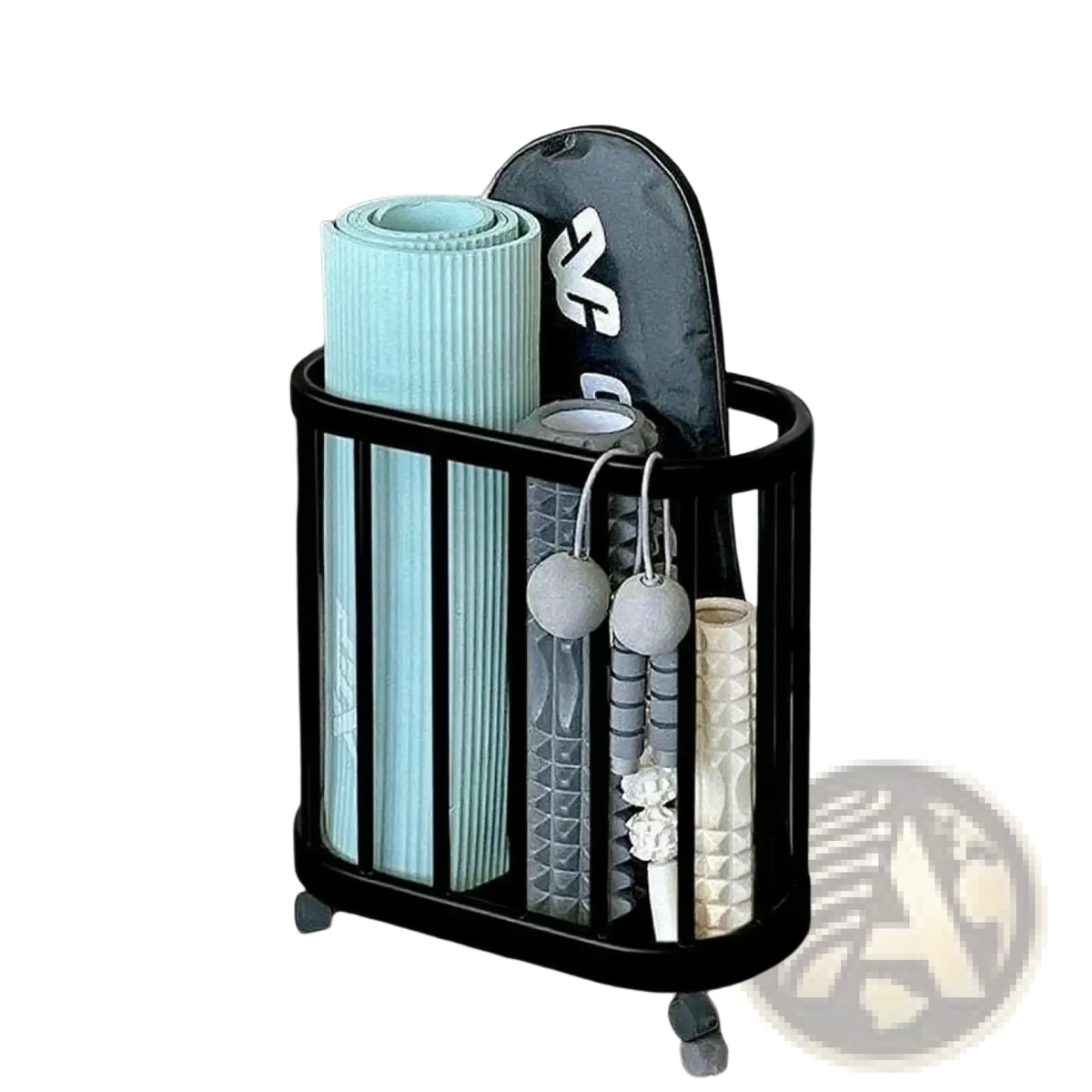 Black metal rolling sports equipment storage rack with vertical bars holding light blue yoga mat and foam roller