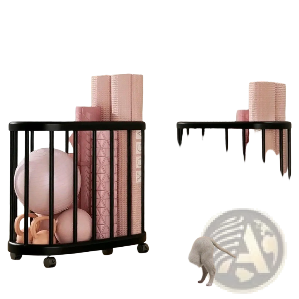 Black metal rolling sports equipment storage rack with wheels holding pink yoga mats and exercise balls