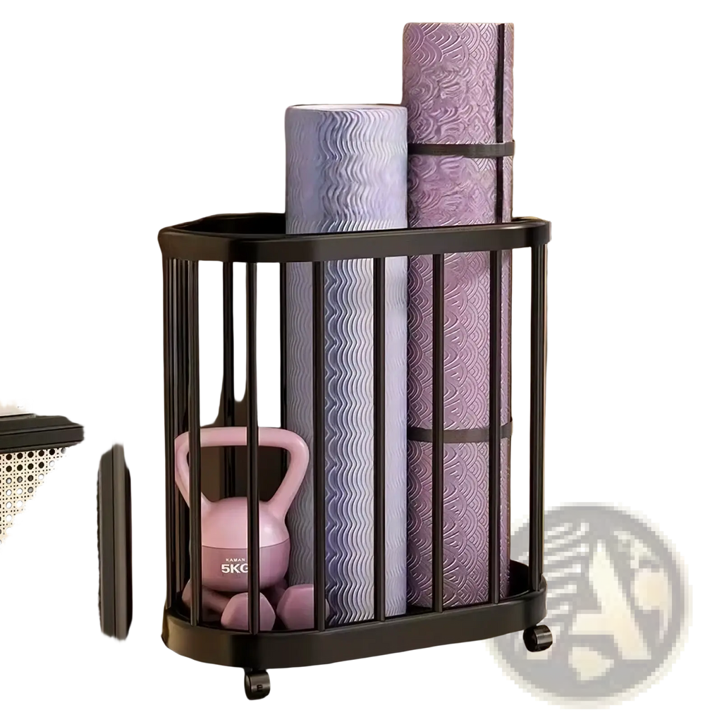 Black metal wheeled storage cart holding rolled purple yoga mats and a pink kettlebell for sports equipment organization