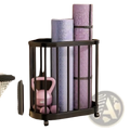 Black metal wheeled storage cart holding rolled purple yoga mats and a pink kettlebell for sports equipment organization