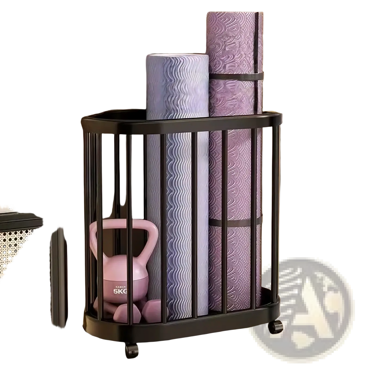 Black metal wheeled storage cart holding rolled purple yoga mats and a pink kettlebell for sports equipment organization
