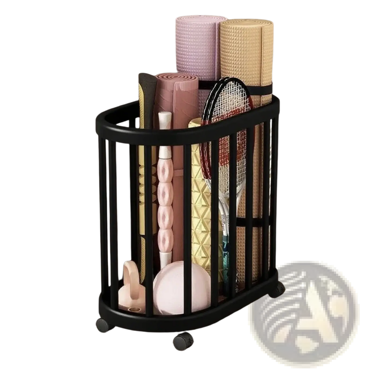 Black oval rolling sports equipment storage rack with wheels holding rolled yoga mats and tennis rackets