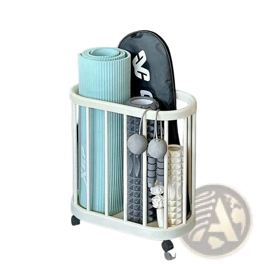 White plastic wheeled storage cart holding rolled yoga mats and foam rollers for sports equipment storage