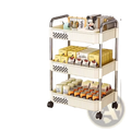 Cream white three-tier rolling storage cart with stainless steel frame and black wheels for multi-tier plastic organization