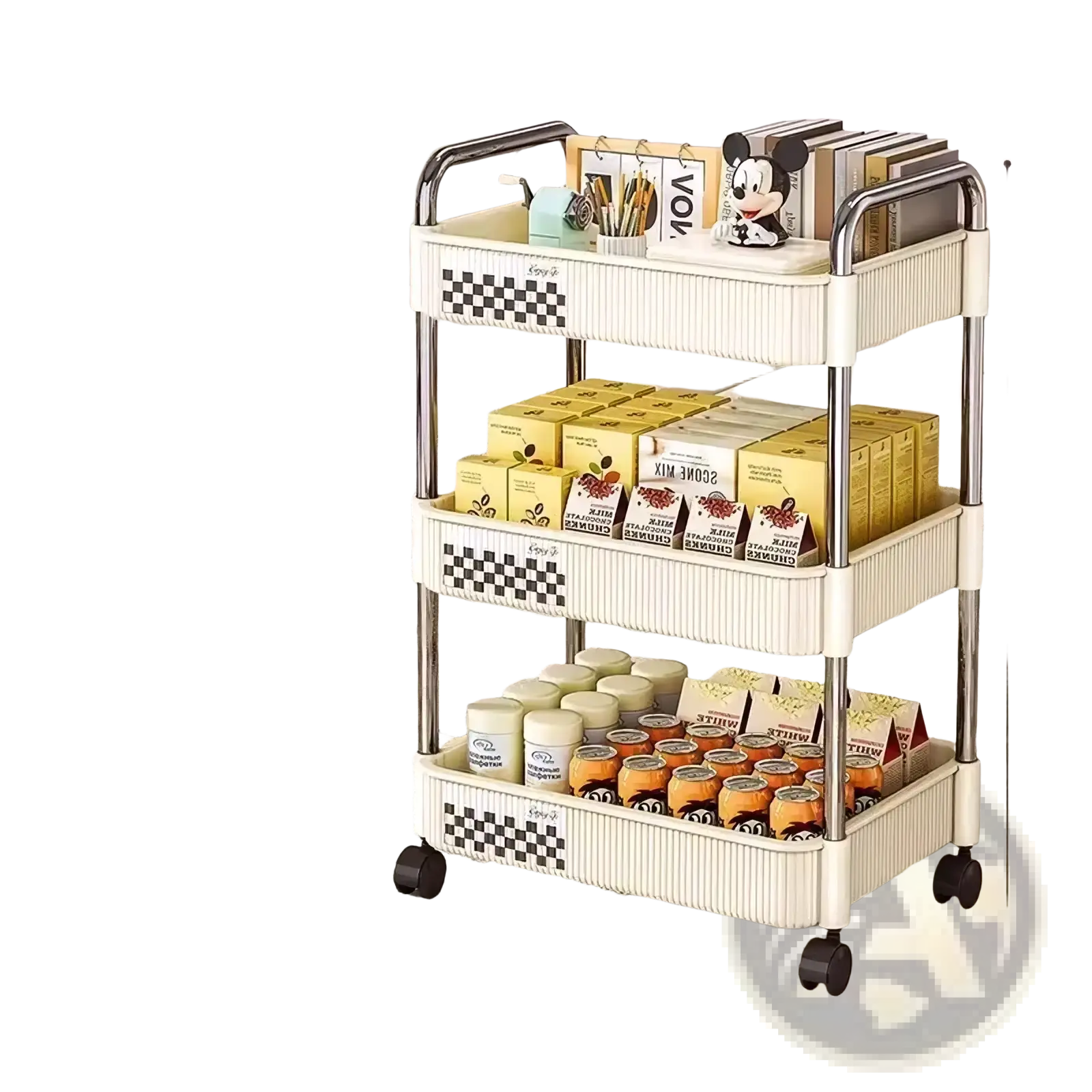 Cream white three-tier rolling storage cart with stainless steel frame and black wheels for multi-tier plastic organization